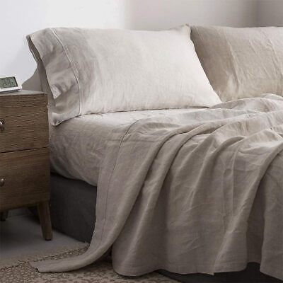 #ad 100% Washed Linen Sheet Set King Size Natural France Flax Bed Sheet $125.19