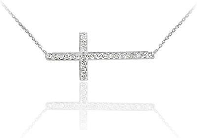 #ad Sterling Silver Sideways Cross CZ Pendant Necklace with Diamond Colored Stones $43.99