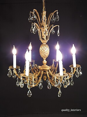 #ad Antique French Brass Dark Patina PINEAPPLE 6 Arm 6 Lite Lead Crystal Chandelier $895.00