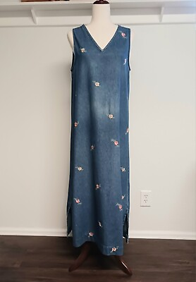 #ad Mountain Lake Casuals Blue Denim Embroidered Floral Sleeveless Dress Womens M $12.00
