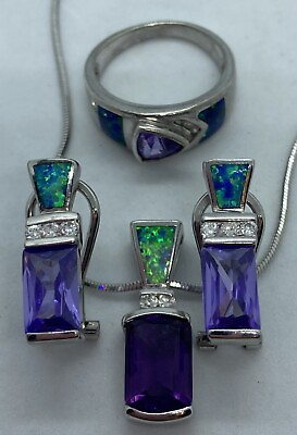 #ad Sterling Silver 925 Amethyst Simulated Jadite Zircon Set Ring Earrings Necklace $149.99