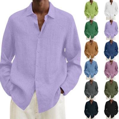 #ad Mens Long Sleeve Linen Shirt Summer Loose Fit Lightweight Button Down Shirt New $6.99
