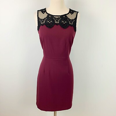 #ad Forever 21 Elegant Black Top Lace Burgundy Sleeveless Lined Dress Size Medium $14.88