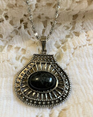#ad Black Cabochon Antiqued Pendant 16 18quot; Necklace Tibetan Silver Jewelry $4.00