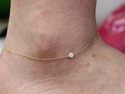 #ad 1Ct Round Diamond Lab Created Bezel Set Adjustable Anklet 14K Yellow Gold Plated $219.73