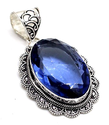 #ad 925 Sterling Silver London Blue Topaz Gemstone Jewelry Vintage Pendant Size 2quot; $16.99