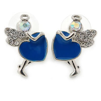 #ad Funky Crystal Fairy with Blue Enamel Heart Stud Earrings In Rhodium Plating GBP 12.90