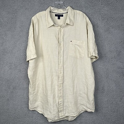 #ad Tommy Hilfiger Mens Shirt 100% Linen Cream White Stripe Casual Beach Size XL $16.95