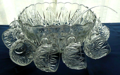 #ad Hazel Atlas Glass Clear Williamsport Prism Cut 26 piece Punch Bowl Set $54.99