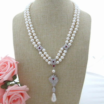 #ad 21#x27;#x27; 22quot; 2 Strands White Pearl Necklace White Keshi Pearl CZ Pendant $44.89