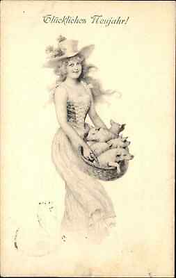 #ad German New Year Beautiful Woman Pigs in Basket MM Vienne c1900 Postcard $8.90