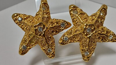 #ad Big Chunky Starfish Gold Tone Rhinestone Vintage Clip On Earrings $10.50
