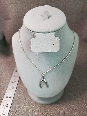 #ad Vintage Silvertone Chain Necklace Wishbone Pendant $14.40