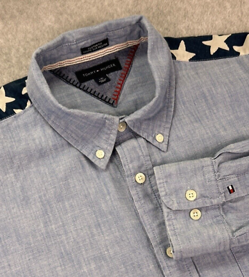 #ad Tommy Hilfiger Mens Shirt Large Blue Chambray Custom Fit Button Down L S USA $24.87