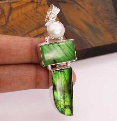 #ad Color Enhanced Green Labradorite 925 Silver Plated Handmade Pendant of 2.5quot; $3.59