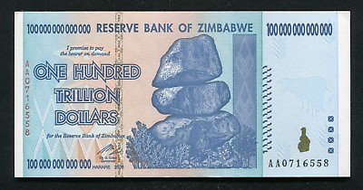 #ad 2008 100 TRILLION DOLLARS RESERVE BANK OF ZIMBABWE AA P 91 GEM UNCIRCULATED $179.95