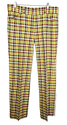 #ad Vintage Asher Mens Yellow Plaid Pants Size 36x32 Straight Leg Retro Hippie Disco $25.00