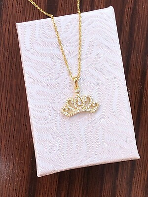 #ad Pave Cz Gold Crown Necklace 925 Sterling Silver Pendant Womens 16mm 0.63quot; 18” $28.95