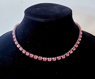 #ad Vintage Pink Crystal Rhinestone Tennis Necklace Choker 17quot; Silver Tone $21.21