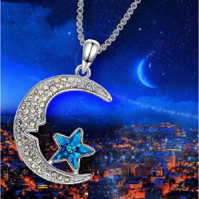 #ad CRYSTAL CRESCENT MOON BLUE STAR pendant 20quot; 925 Sterling Silver Necklace women $19.88