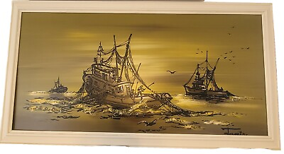 #ad LARGE Van Gaard Studios Drip Painting Signed Tamir Fishing Boats Nautical Art $134.99