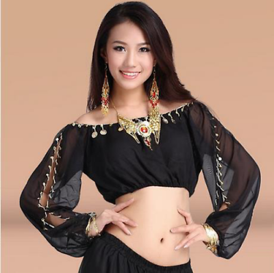 #ad Crystal Cotton and Mesh Belly Dance Top Half Sleeves Belly Dance Tops Sexy Top $16.00