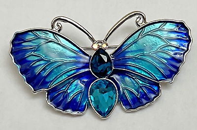 #ad Aqua Royal Blue Crystal Glass Rhinestone Butterfly Brooch Pin Vintage Insect Bug $12.20