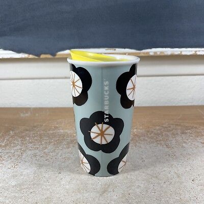 #ad Starbucks Happy Flowers Undated Ceramic Lidded Travel Mug 12oz. Yellow Lid $13.53