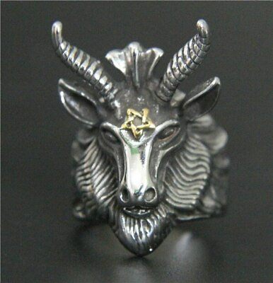 #ad Baphomet Goats Head Stainless Steel Occult Pagan Magic Satanic Devil Silver Ring $25.00