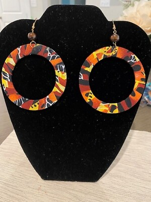 #ad African Print Fabric Wrapped Multi color Round Circle Earrings with wooden bead $9.95