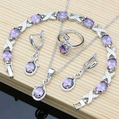 #ad Magnificent 4 pc 925 Sterling Silver Created Amethysts Jewelry Set $35.95
