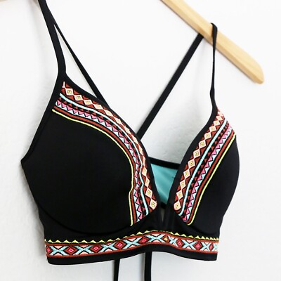 #ad Shade amp; Shore Black Colorful Aztec Embroidered V Wire Push Up Bikini Top 36B $19.99