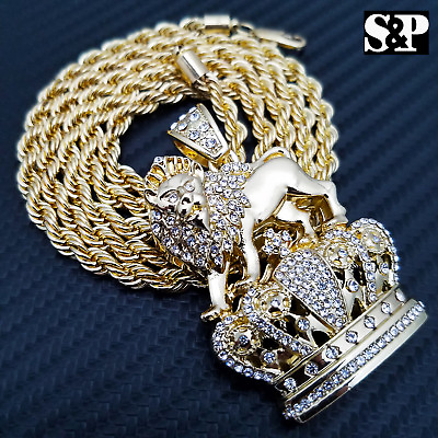 #ad FULL ICED HIP HOP RAPPER#x27;S LION KING CROWN FASHION PENDANT amp; 4mm 24quot; ROPE CHAIN $16.99