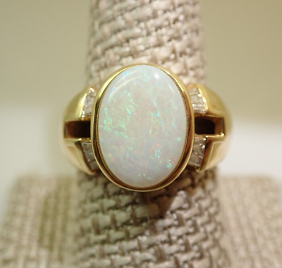 #ad 14k Solid Yellow Gold LAURA RAMSEY LR Opal Cabochon Diamond Band Ring Size 9.25 $1095.00