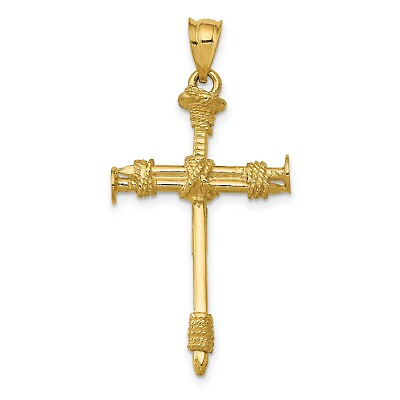 #ad 14k Yellow Gold Three Nails And Rope Passion Cross Charm Pendant $317.99