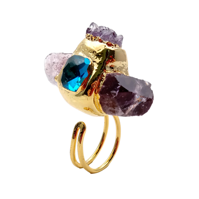 #ad Natural Amethyst Point Druzy Blue Crystal Ring Gold Plated Adjustable Gems Ring $10.00