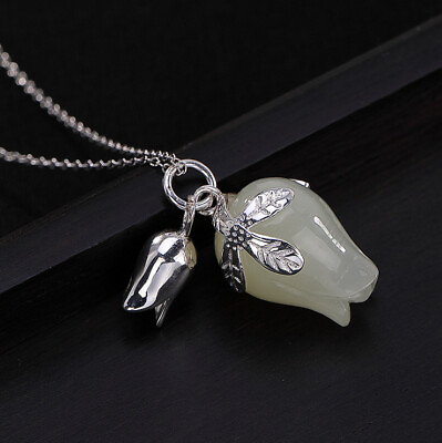 #ad White Real Jade Flower Pendant Necklace Men 925 Silver Natural Jewelry Luxury $4.99