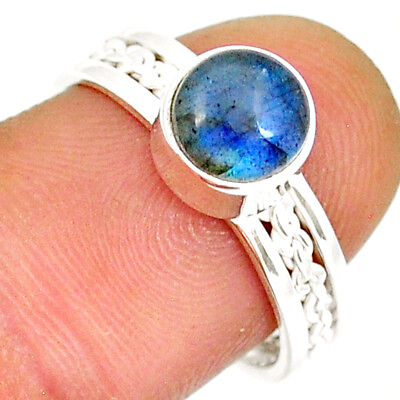 #ad 925 Silver 2.44cts Solitaire Natural Blue Labradorite Round Ring Size 8 Y11629 $10.79
