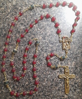 #ad Holy Family Jesus Mary Saint Joseph Ruby Red Green Beautiful Rosary $60.00