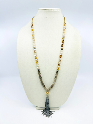 #ad Beaded Necklace Warm Neutral Tones Tassel Fringe Gold Tone Costume Jewelry $14.41