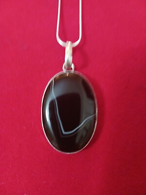 #ad New Large Black Lace Agate Sterling Silver Pendant With 925 Chain 1.50quot;x1quot; $125.00