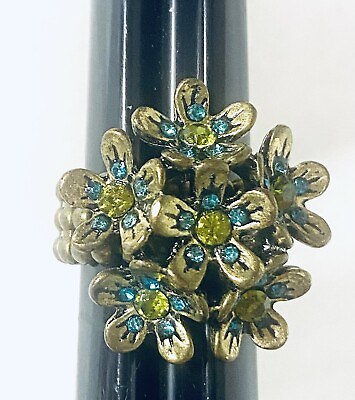 #ad RHINESTONE Cluster Flower Blue Green Gold Tone Adjustable Ring $13.99