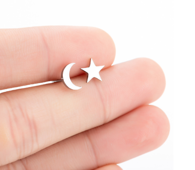 #ad Unisex Titanium Silver Tiny Punk Crescent Moon Star Earrings Stud $9.99