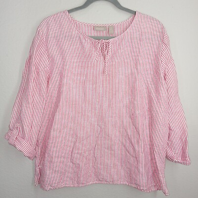 #ad Chicos Shirt Women Large Chicos 2 Linen Tie Front Stripe Pink Tunic $16.97