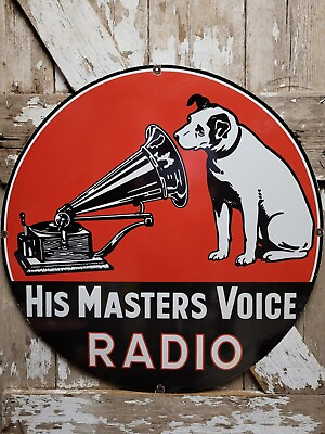 #ad VINTAGE RCA VICTOR PORCELAIN SIGN HIS MASTERS VOICE NIPPER DOG VICTROLA RADIO 30 $656.39