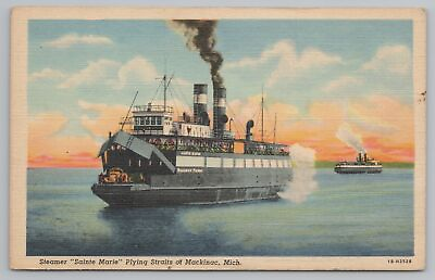 #ad Straits of Mackinac Michigan Steamer Sainte Marie Railway Ferry Linen $5.00