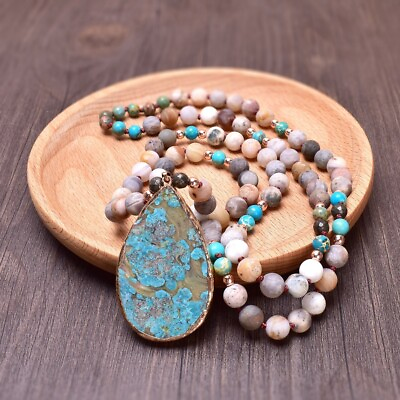 #ad Natural Amazonite Stone Beaded Necklace Turquoise Gemstone Pendant Handmade $19.99