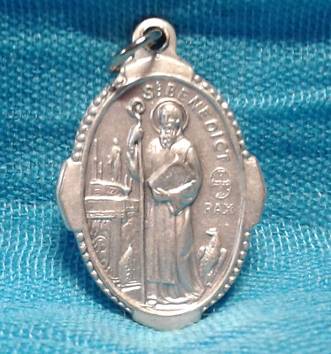 #ad Catholic Medal 1quot; St. Saint Benedict with Cross Back ITALY Fancy Border Ordr1a $2.05