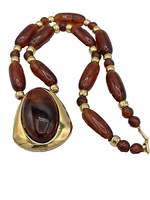#ad Napier Necklace Amber Lucite Bead Vintage Large 2.5 Inch Pendant Chunky Box $41.29