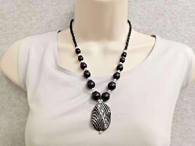 #ad Womens Pendant Necklace Black Silver Tone 20.5 in Long Runway Boho Holiday Gift $12.99